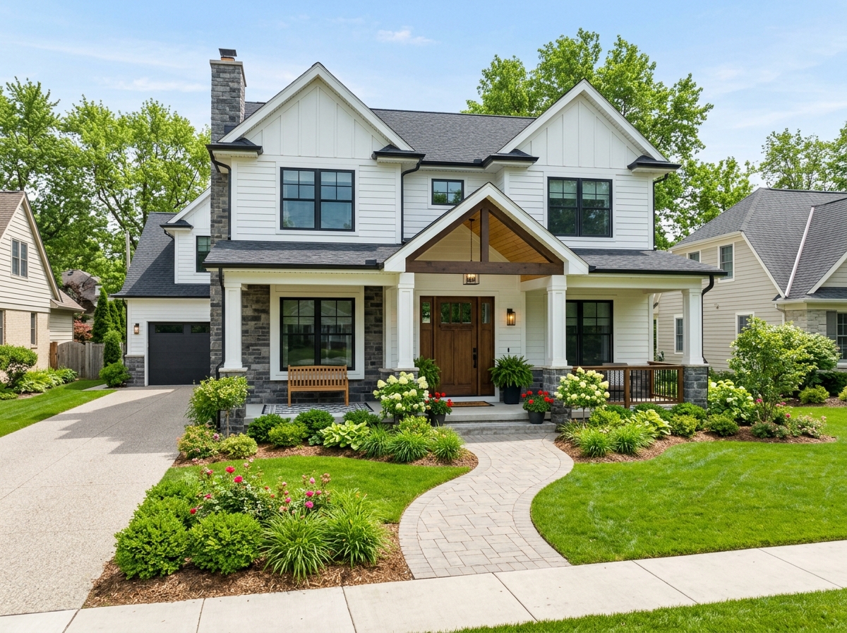 Suburban home exterior and porch entryway in Michigan